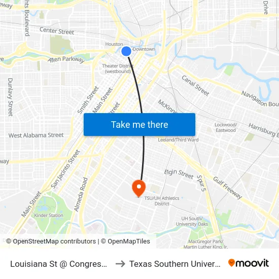 Louisiana St @ Congress St to Texas Southern University map