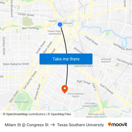 Milam St @ Congress St to Texas Southern University map