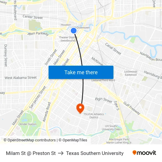 Milam St @ Preston St to Texas Southern University map
