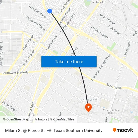 Milam St @ Pierce St to Texas Southern University map
