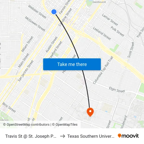 Travis St @ St. Joseph Pkwy to Texas Southern University map