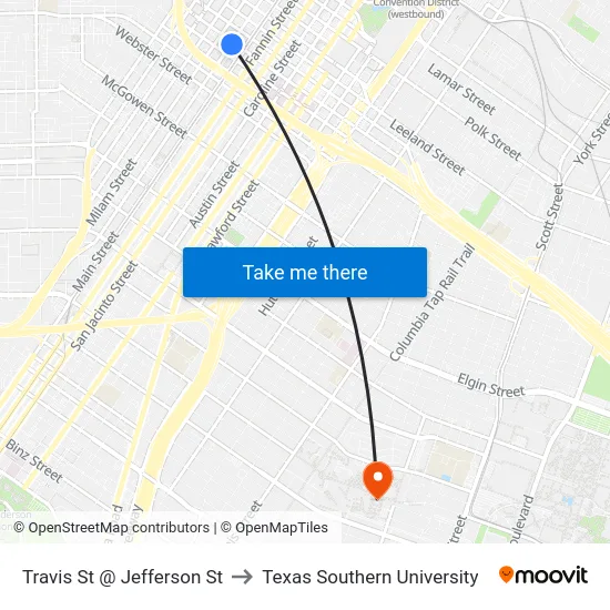 Travis St @ Jefferson St to Texas Southern University map