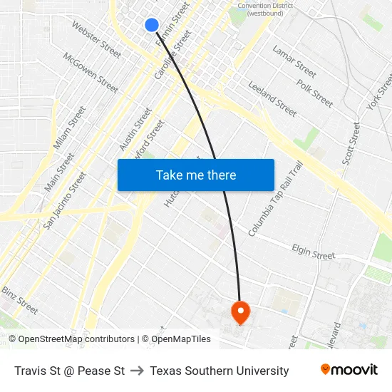 Travis St @ Pease St to Texas Southern University map