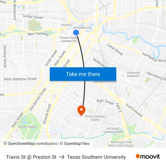 Travis St @ Preston St to Texas Southern University map