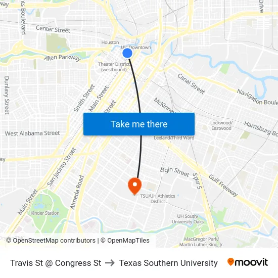 Travis St @ Congress St to Texas Southern University map