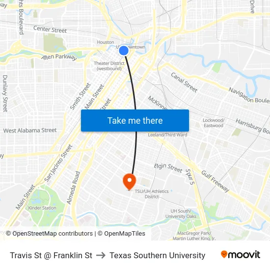 Travis St @ Franklin St to Texas Southern University map