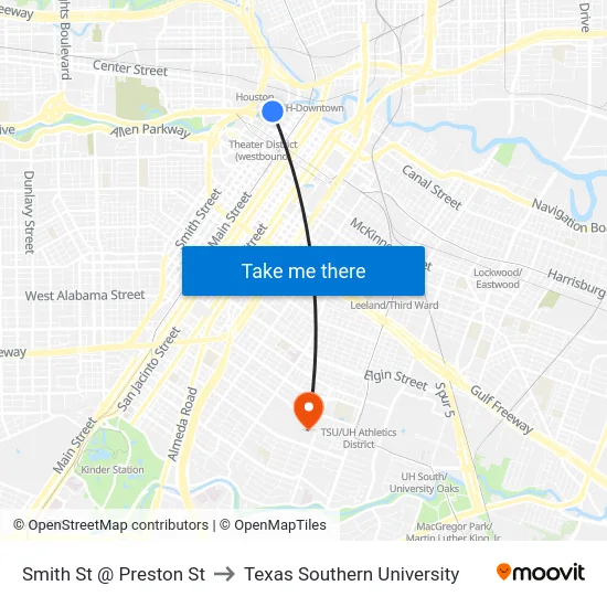 Smith St @ Preston St to Texas Southern University map
