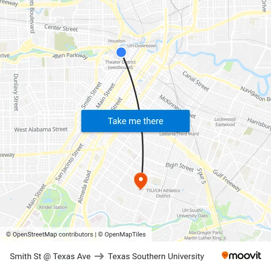 Smith St @ Texas Ave to Texas Southern University map