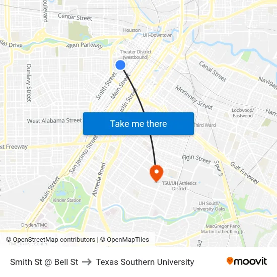 Smith St @ Bell St to Texas Southern University map