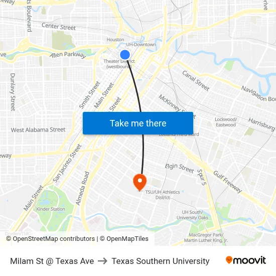 Milam St @ Texas Ave to Texas Southern University map