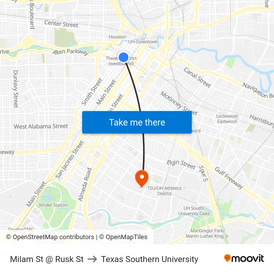 Milam St @ Rusk St to Texas Southern University map