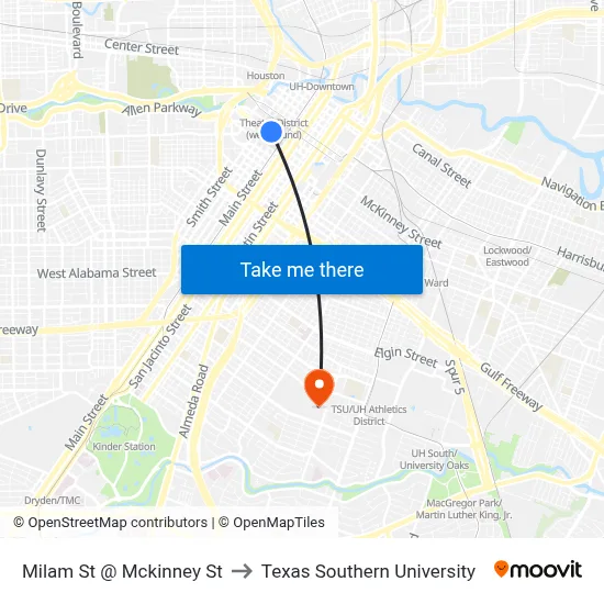 Milam St @ Mckinney St to Texas Southern University map