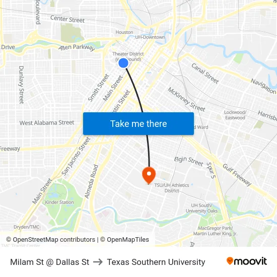 Milam St @ Dallas St to Texas Southern University map