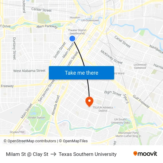 Milam St @ Clay St to Texas Southern University map