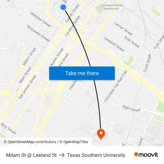 Milam St @ Leeland St to Texas Southern University map