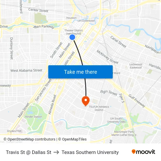 Travis St @ Dallas St to Texas Southern University map