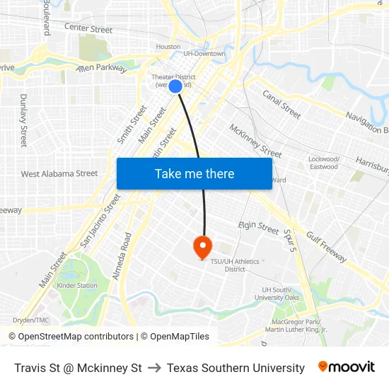 Travis St @ Mckinney St to Texas Southern University map