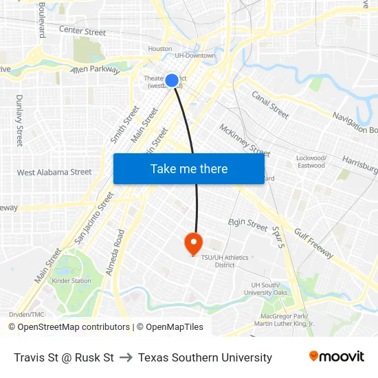 Travis St @ Rusk St to Texas Southern University map