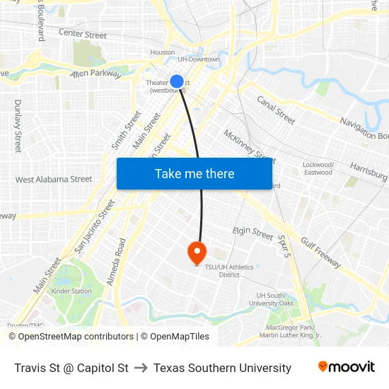 Travis St @ Capitol St to Texas Southern University map