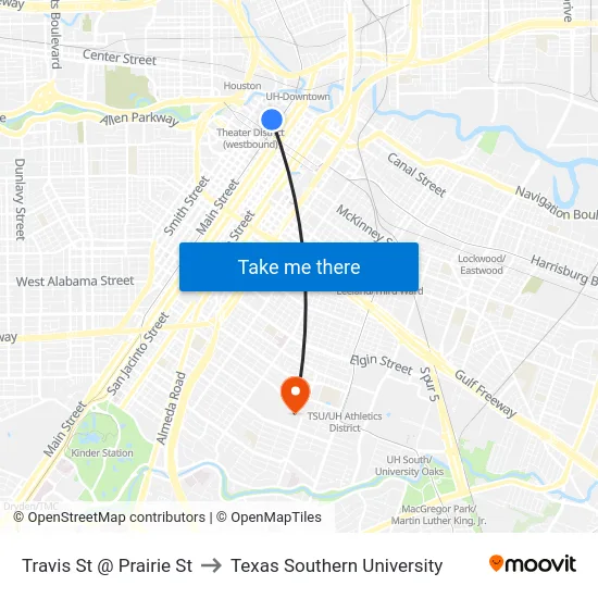 Travis St @ Prairie St to Texas Southern University map