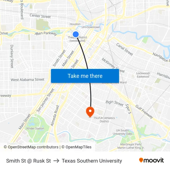 Smith St @ Rusk St to Texas Southern University map