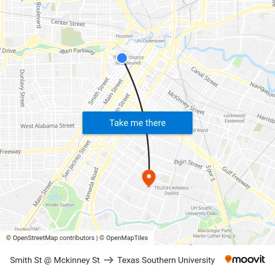 Smith St @ Mckinney St to Texas Southern University map