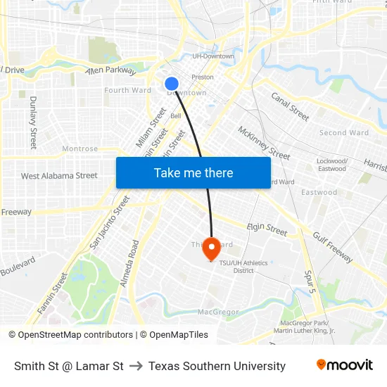 Smith St @ Lamar St to Texas Southern University map