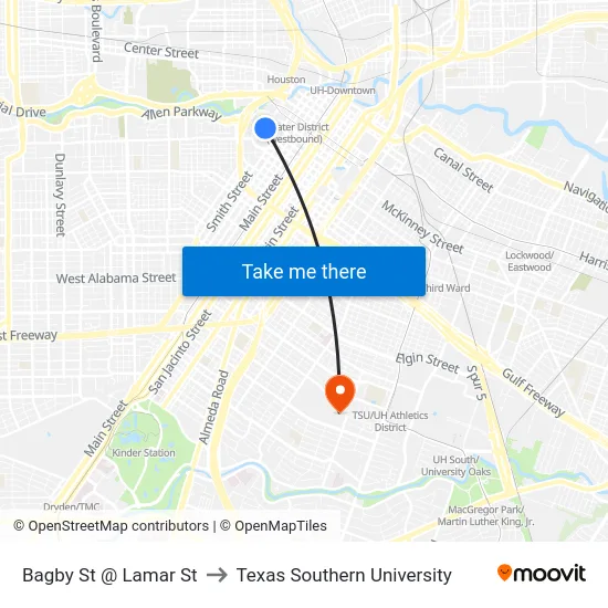 Bagby St @ Lamar St to Texas Southern University map