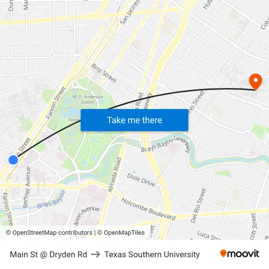 Main St @ Dryden Rd to Texas Southern University map