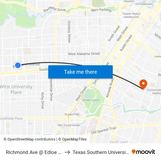Richmond Ave @ Edloe St to Texas Southern University map