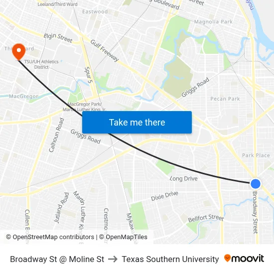 Broadway St @ Moline St to Texas Southern University map
