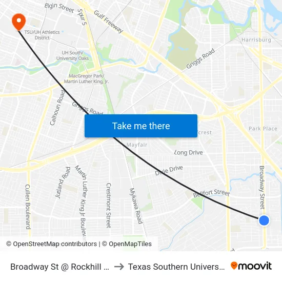Broadway St @ Rockhill St to Texas Southern University map