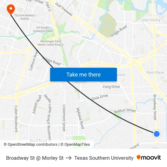 Broadway St @ Morley St to Texas Southern University map