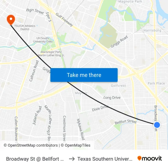 Broadway St @ Bellfort Ave to Texas Southern University map