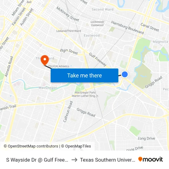S Wayside Dr @ Gulf Freeway to Texas Southern University map