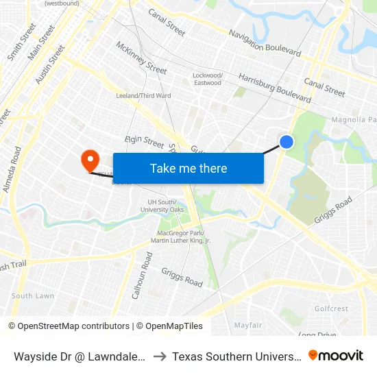 Wayside Dr @ Lawndale St to Texas Southern University map