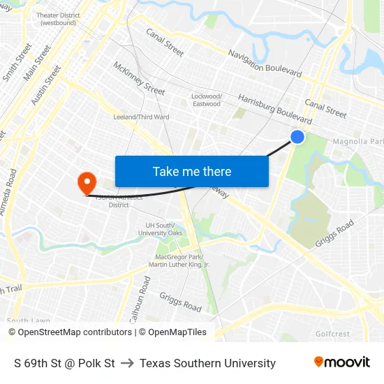 S 69th St @ Polk St to Texas Southern University map