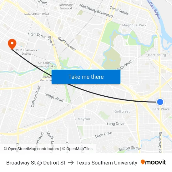 Broadway St @ Detroit St to Texas Southern University map
