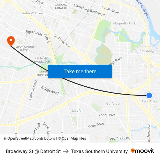 Broadway St @ Detroit St to Texas Southern University map
