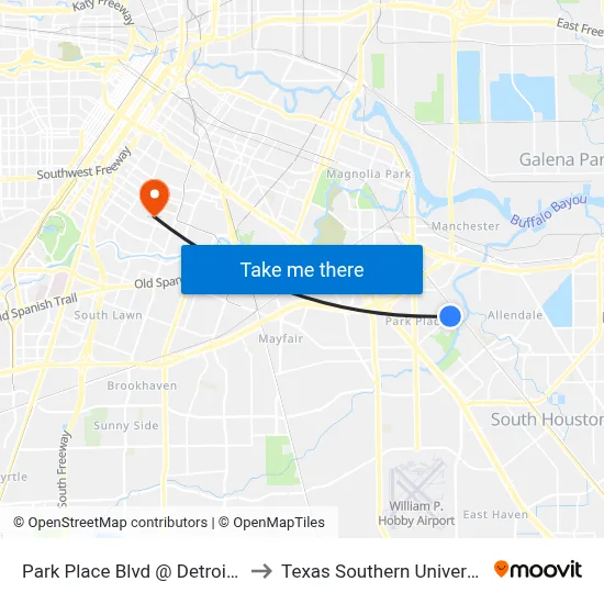 Park Place Blvd @ Detroit St to Texas Southern University map
