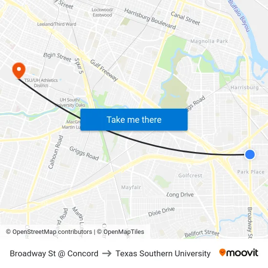 Broadway St @ Concord to Texas Southern University map