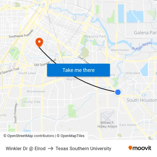 Winkler Dr @ Elrod to Texas Southern University map