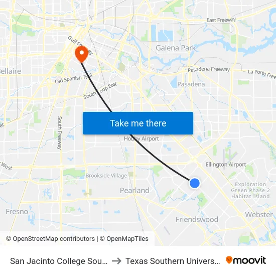 San Jacinto College South to Texas Southern University map