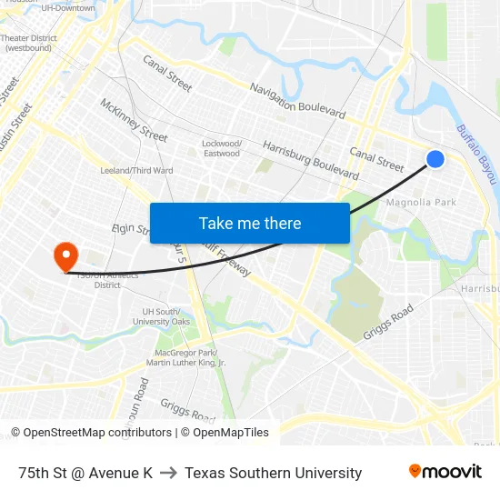 75th St @ Avenue K to Texas Southern University map