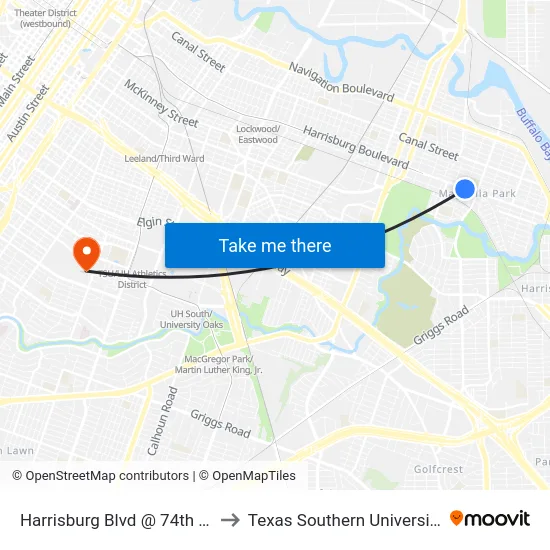 Harrisburg Blvd @ 74th St to Texas Southern University map