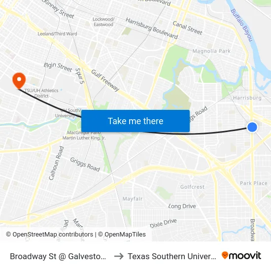 Broadway St @ Galveston Rd to Texas Southern University map
