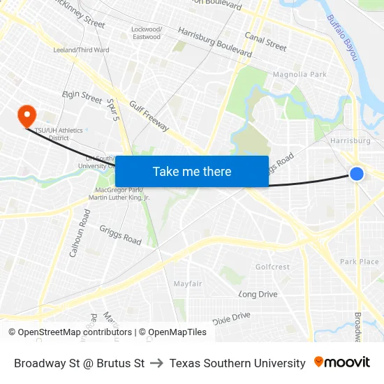 Broadway St @ Brutus St to Texas Southern University map
