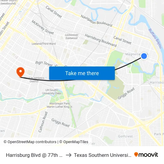 Harrisburg Blvd @ 77th St to Texas Southern University map
