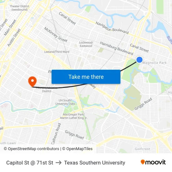 Capitol St @ 71st St to Texas Southern University map