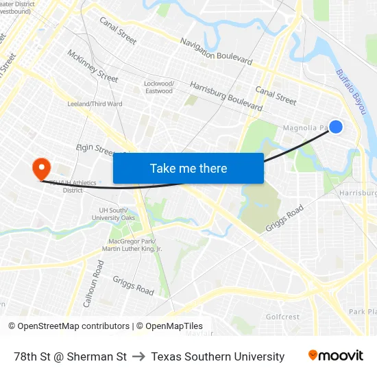78th St @ Sherman St to Texas Southern University map